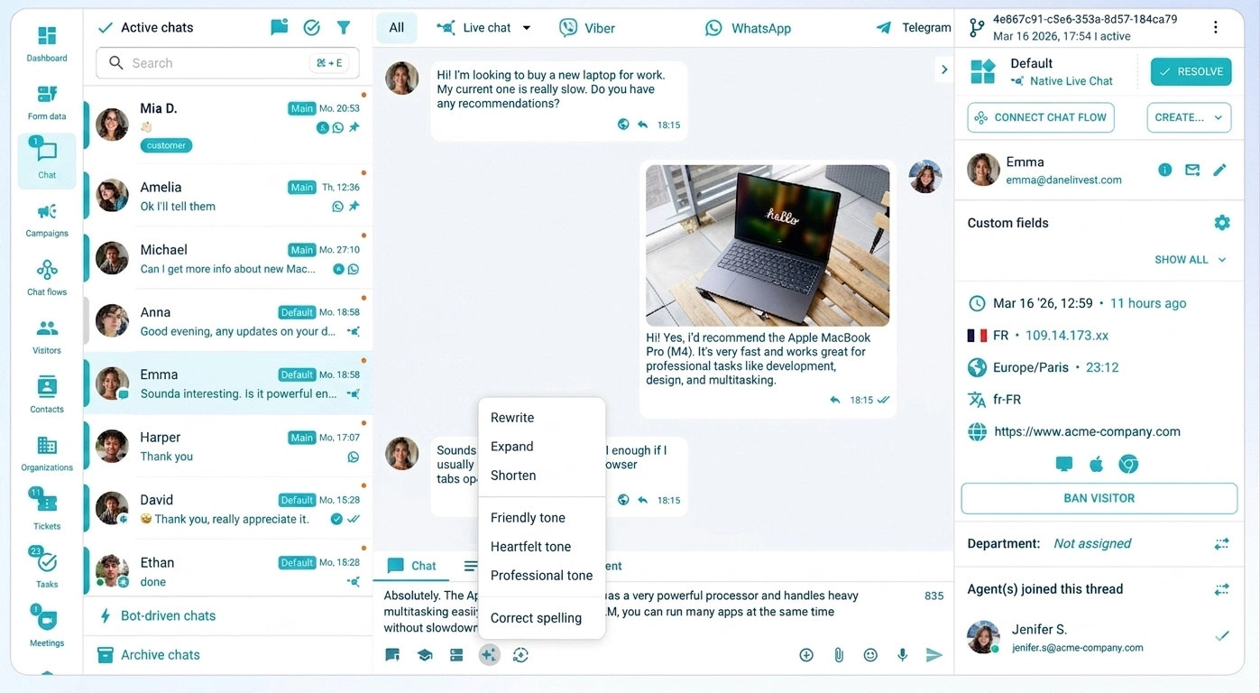 AvisoDesk inbox with AI-powered reply suggestions