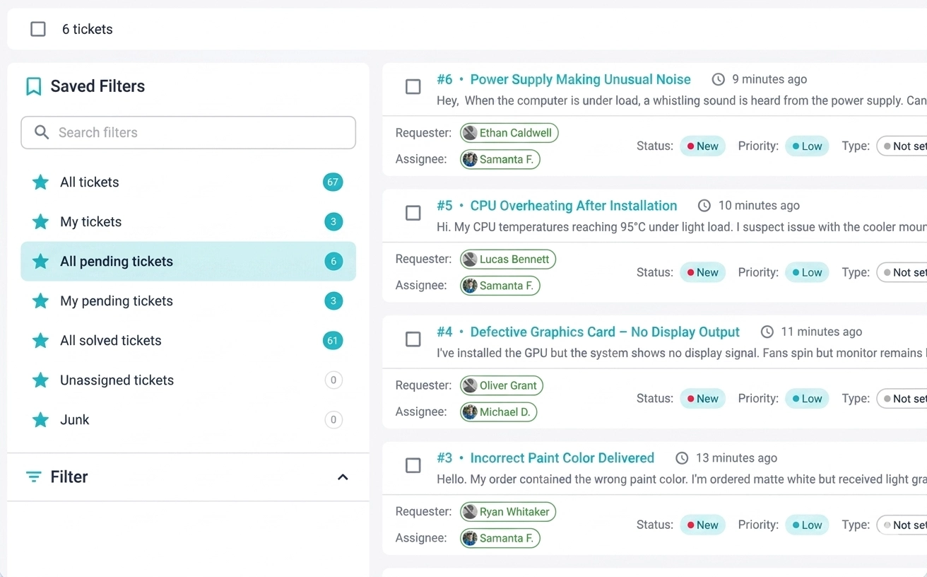 AvisoDesk ticket list with saved filters, requesters, assignees, status, and priority